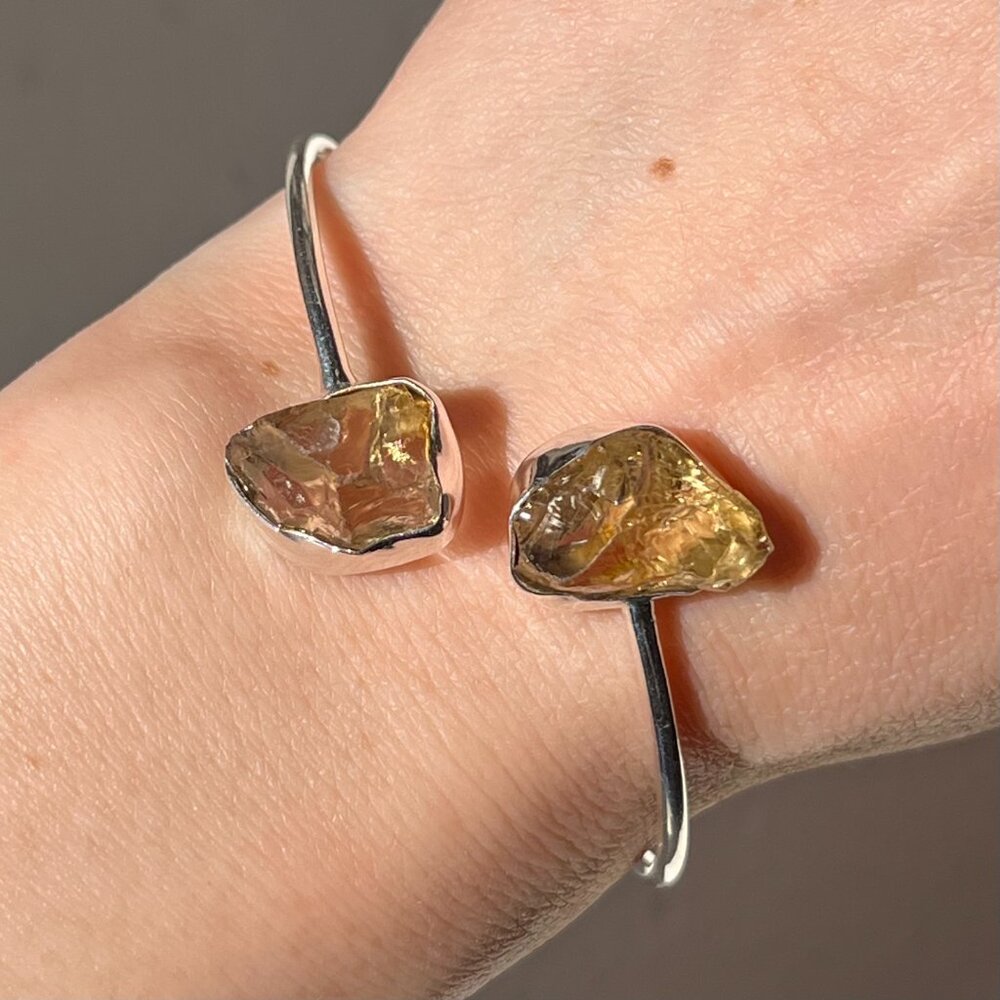 Sterling Silver Raw Natural Crystal Adjustable Cuff Bangle Bracelet
